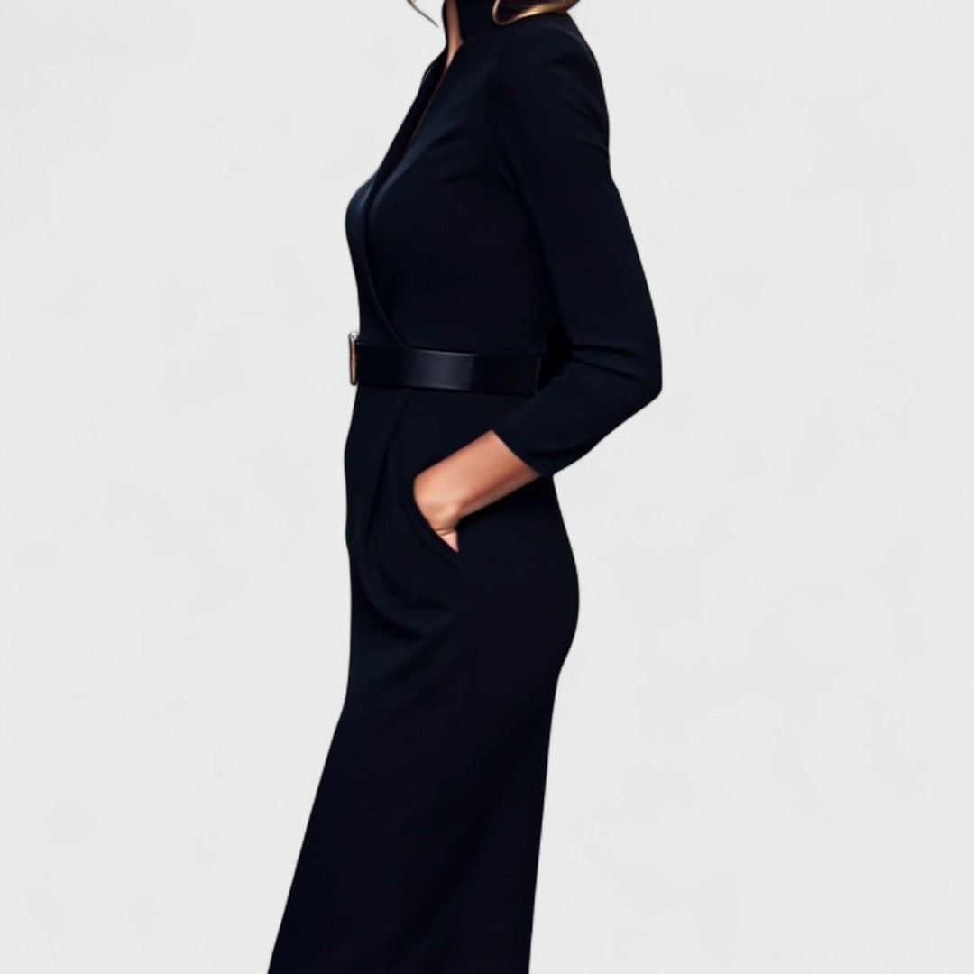 Mandarin - Elegant Black Dress with Belt and Mandarin Collar