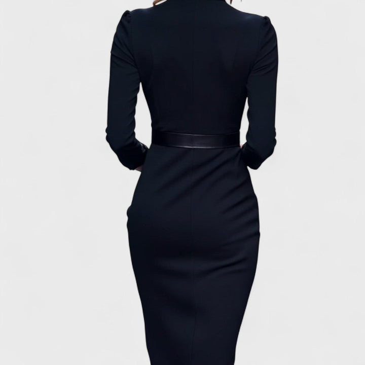 Mandarin - Elegant Black Dress with Belt and Mandarin Collar