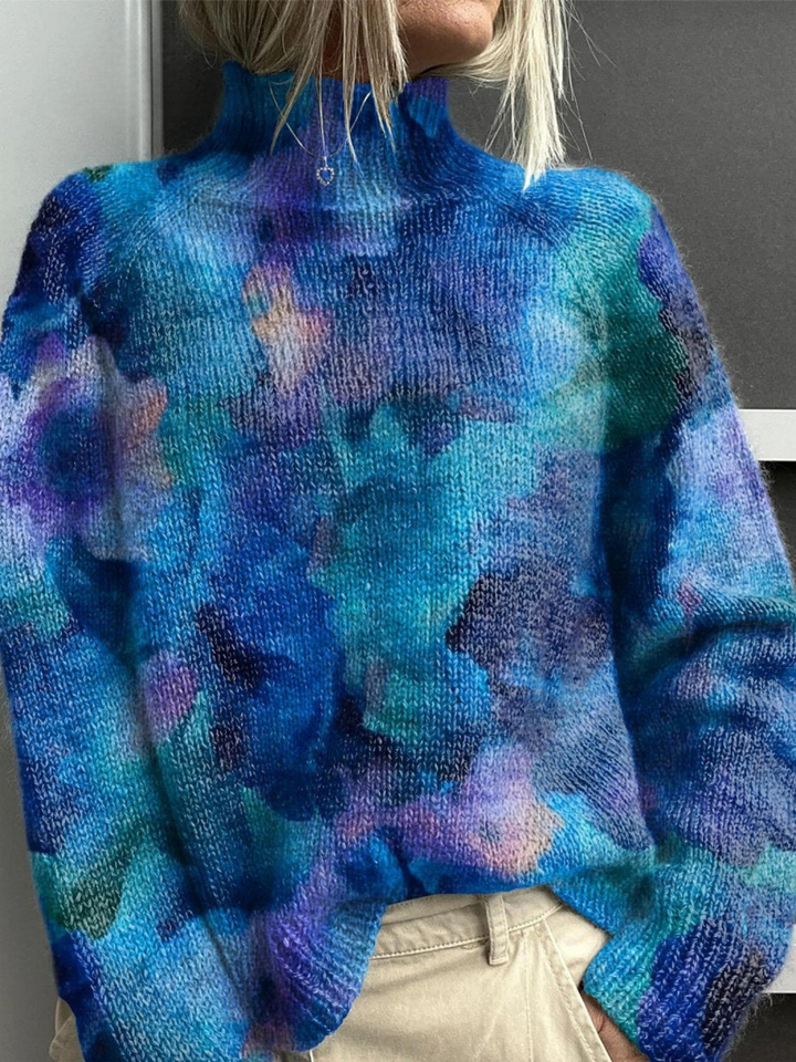 Turtleneck Sweater with Abstract Watercolor Floral Print