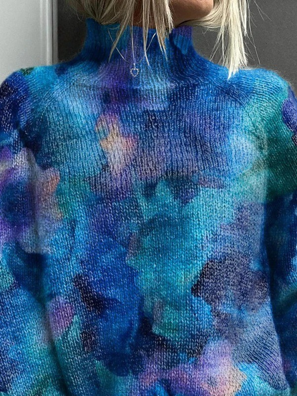 Turtleneck Sweater with Abstract Watercolor Floral Print