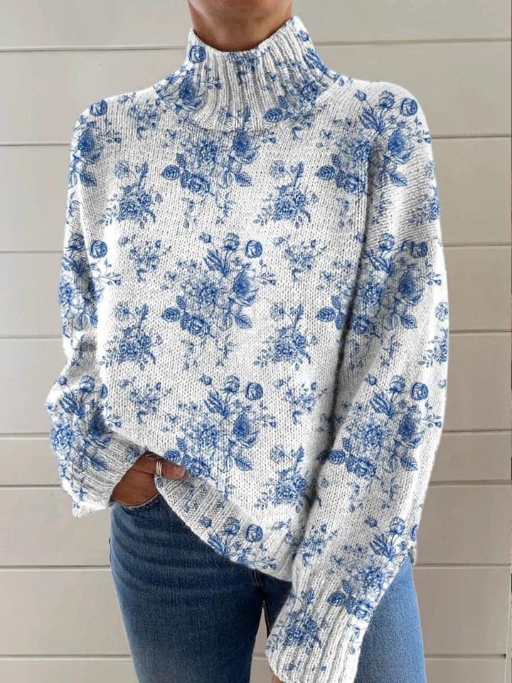 Turtleneck Sweater with Floral Pattern Print